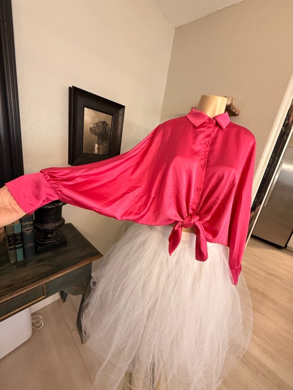 ITOO Italy OVERSIZED HOT PINK LONG SLEEVED BUTTON DOWN TIE FRONT BLOUSE